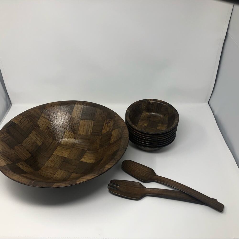 Vintage 70's huge wooden salad bowls and utensils